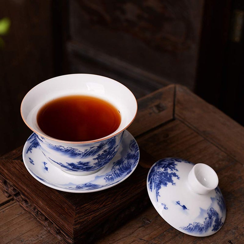 Woonsoon Jingdezhen Chinese Gaiwan Handmade 6.3oz/180ml Mountain Style China Blue and White Porcelain Gaiwan Kungfu Teacup Traditional Chinese Teaware Tea Set - Image 3